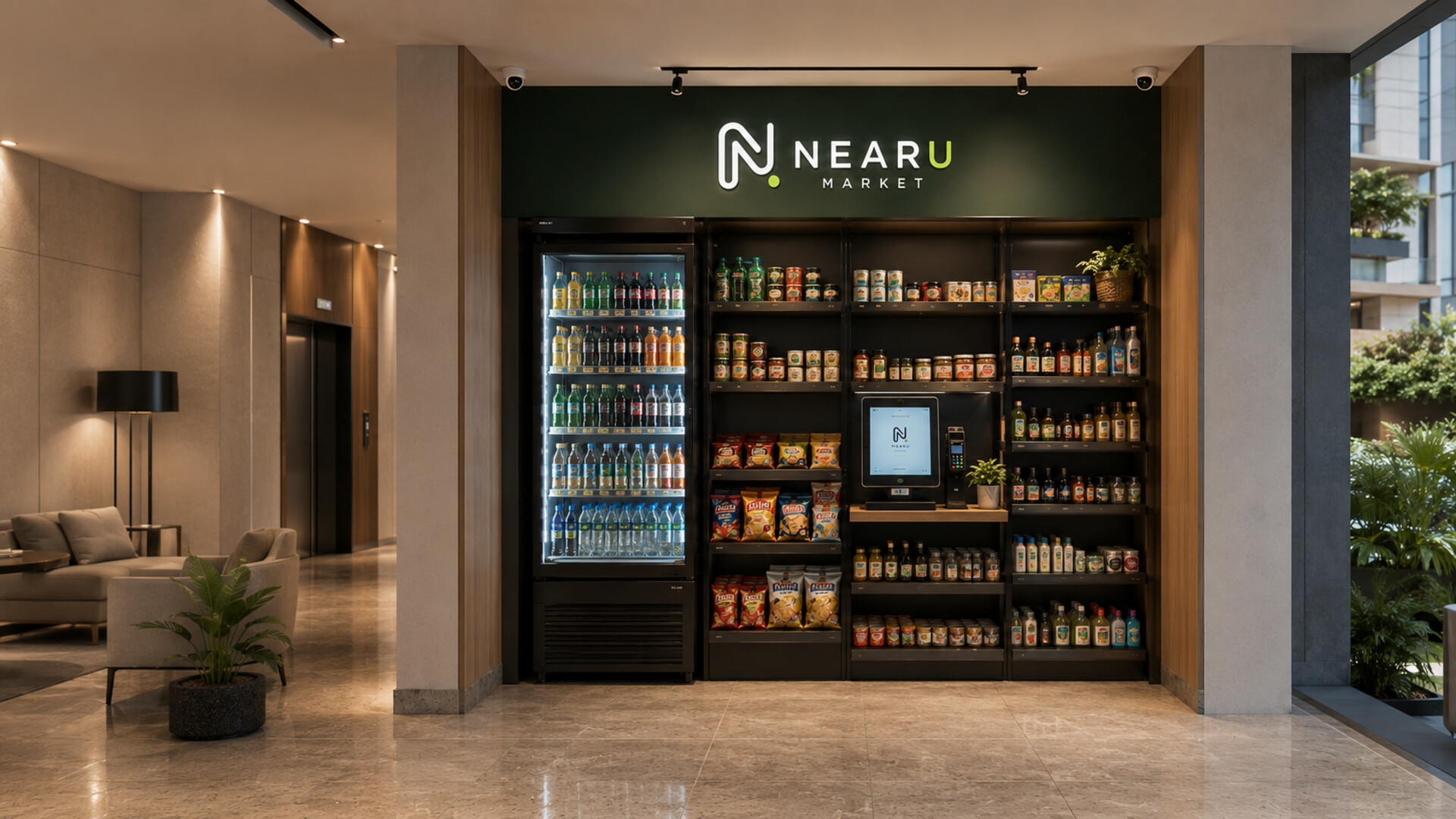 Formato Mini de NEARU: micromercado abierto integrado a una pared del edificio.