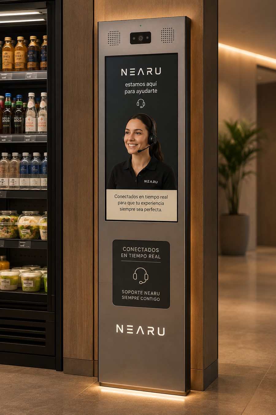Tótem de soporte NEARU en el lobby de un edificio: pantalla con una persona del equipo NEARU disponible en tiempo real.